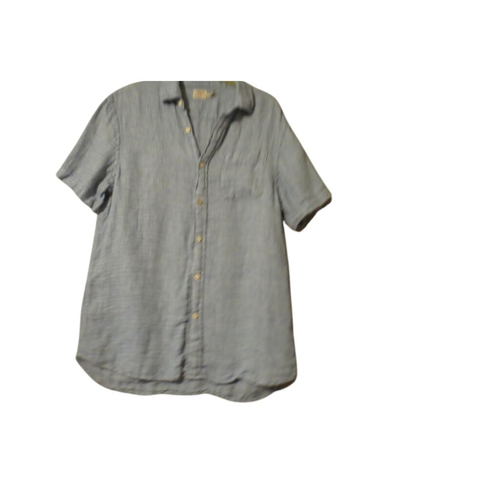 Faherty Linen Cotton Short Sleeve Button Up Shirt Mens Medium Blue Textured